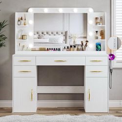 White Vanity Desk with Mirror, Lights, Drawers, Cabinets, Shelves & Power Outlet,45.5"