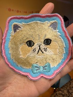 Embroidered Persian Cat Patch with Bow Tie Iron On