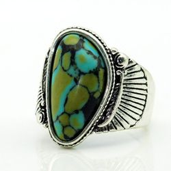 Vintage Blue Turquoise Antique Silver Feather Ring - Size 6