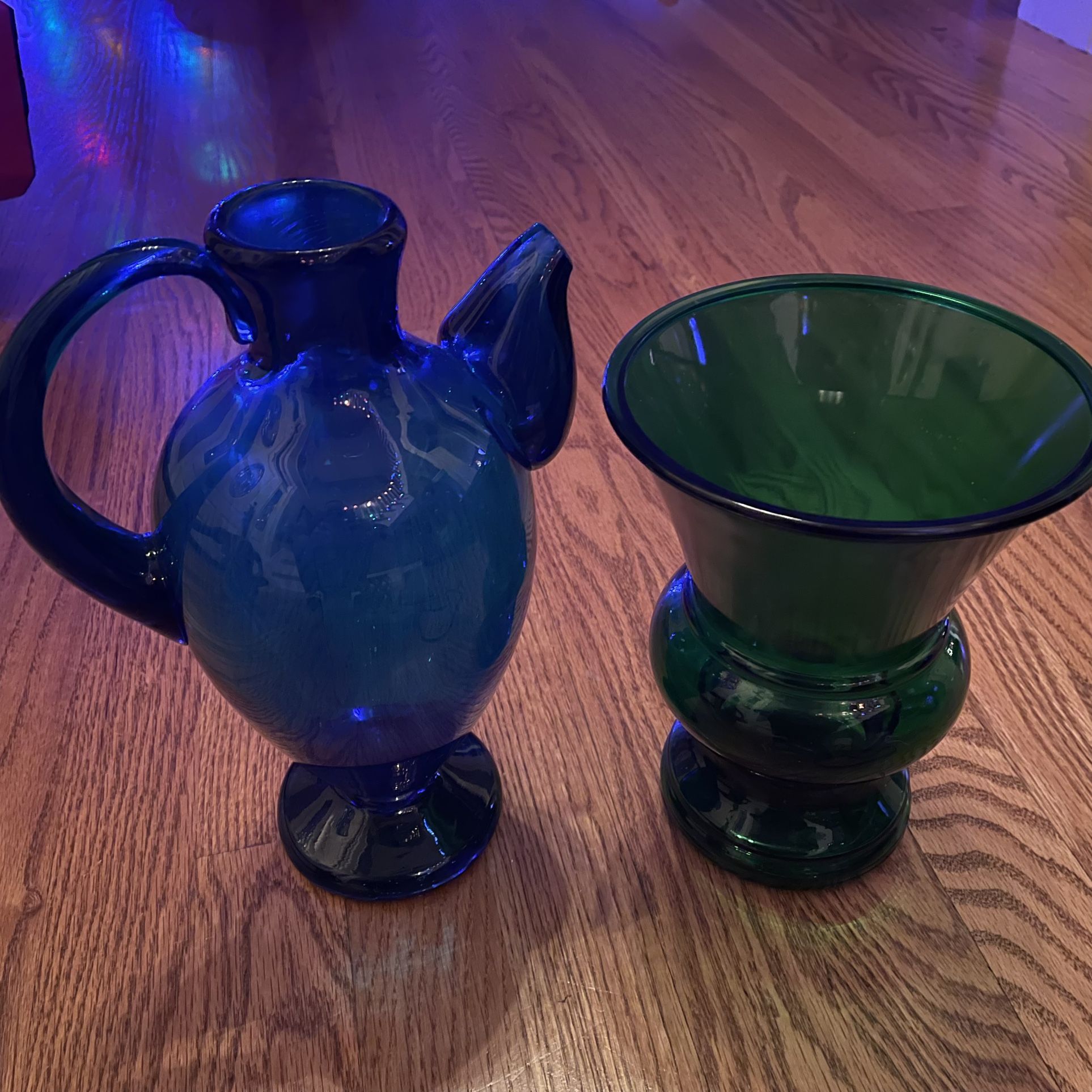 2 Colored Glass Vase Glassware Pitcher - Vintage