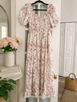 Scarlet Darkness Floral Smocked Midi Dress S Bridgerton Cottagecore Puff Sleeve