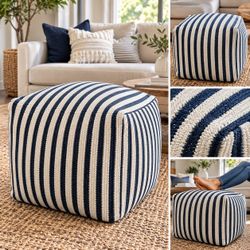 Modern Blue & White Striped Knit Pouf Ottoman