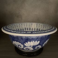 Oriental Blue And White Porcelain Bowl With Base