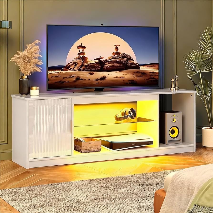 1434a Glossy Fluted TV Stand for 65 Inch TV, Gaming LED Entertainment Center with Cabinet for PS5 Xbox, TV Console with Adjustable Glass Shelves for L