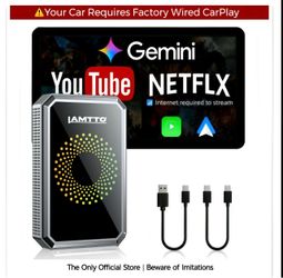 [CHECK COMPATIBILITY, LAMTTO  Wired CarPlay to Wireless Adapter - Stream Netflix/ YouTube/TikTok & Gemini Al on the Touchscreen : Hotspot Required, ON