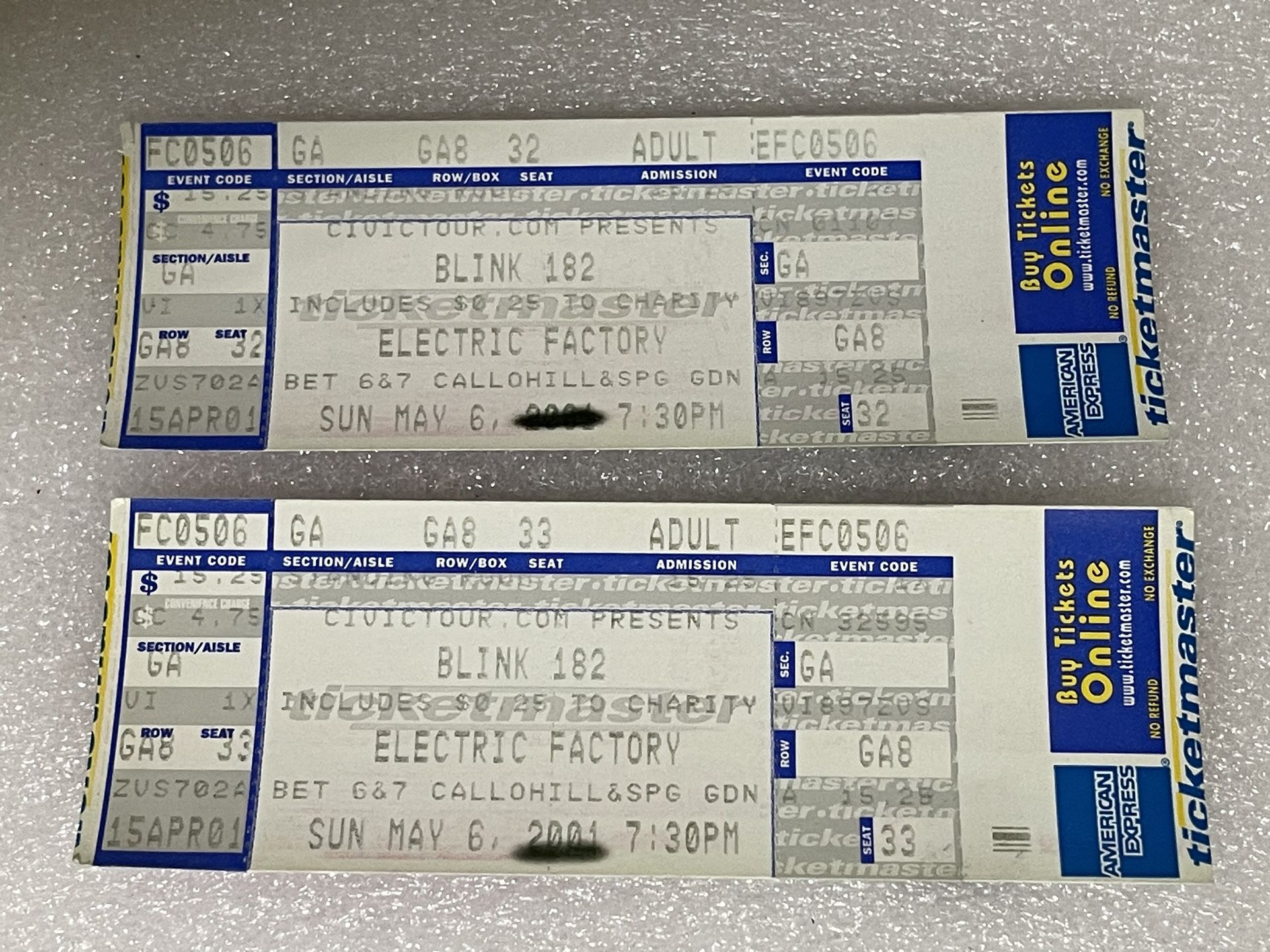 Blink 182 Unused Concert Tickets Lot Of 2 / 2001