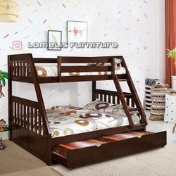 Twin/Full/Twin Expresso Bunk bed w. Orthopedic Mattresses Included 