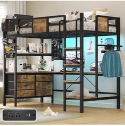 Loft Bed with Desk, Bunk Bed with Desk,Twin Loft Bed with L-Shaped Desk and Storage, loft Bed Twin Size with LED Lights & Charging Station, 5 Drawer&2