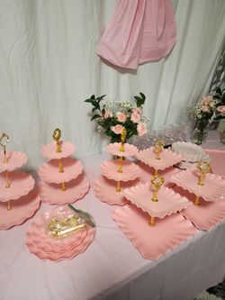 Pink Party Dessert Table Set – Tiered Trays, Serving Plates & Wine Glasses