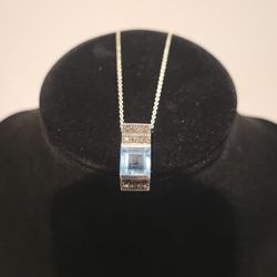 Square Cut Blue Topaz and Marcasite Pendant Sterling Silver Vintage Necklace 17.5" F9