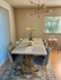 West Elm Avery Wishbone Dining Table| White & Gold plus 6 FREE velvet chairs