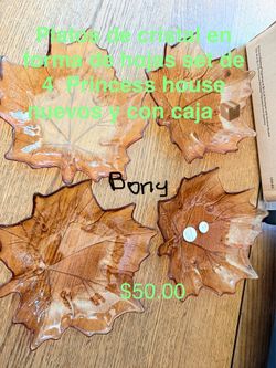 Platos de cristal en forma de hoja set de 4 👉 princess house todo nuevo y con caja 📦