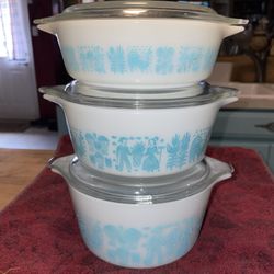 Vintage PYREX 1957 Amish Butterprint Turquoise Casserole Set
