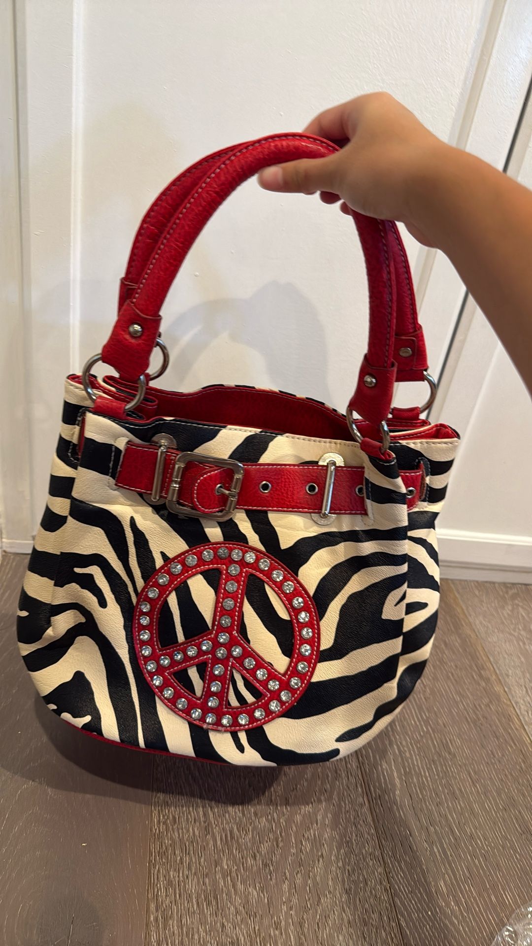 Y2K Rhinestone Peace Sign/zebra Print Handbag
