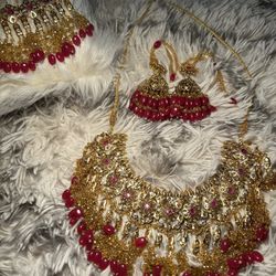 MAGENTA GOLD BRIDAL INDIAN JEWELRY SET JHUMAR JHUMKA PAKISTANI SHAADI KUNDAN TIKKA 