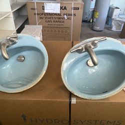 Vintage 1963 Cast Iron Undermount Bathroom Sinks – Retro Aqua Blue – Matching Pair