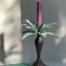 Vintage Heavy Bronze Palm/Coconut Tree Candlestick Holder. Detailed Leaves!