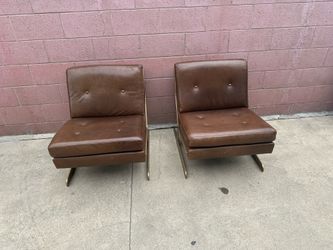 Beautiful Brown Leather Lounge Chairs with Brass Feet