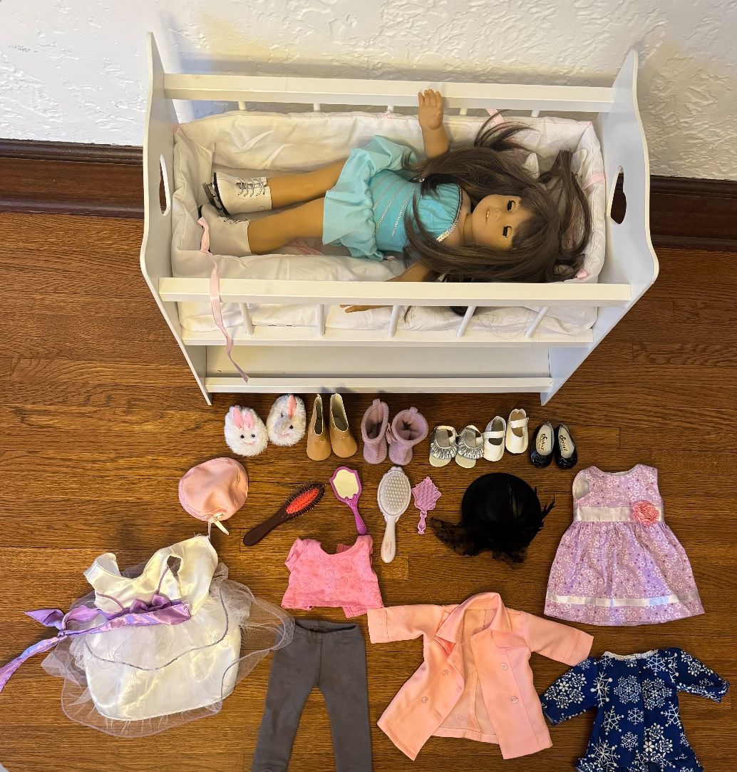 American Girl Doll, Crib With Storage, and Clothes