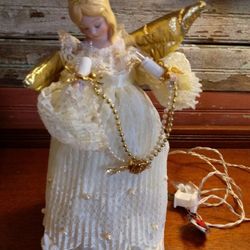 Vtg Lighted Porcelain Angel Tree Topper White And Golden Works 10.5" With Box