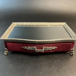 Vtg Ornate Red Velvet Footed Jewelry Trinket Box Mirror Silver Hollywood Regency