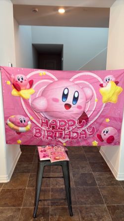 Kirby star the decoration with backdrop shingle cover, happy birthday sign, and
