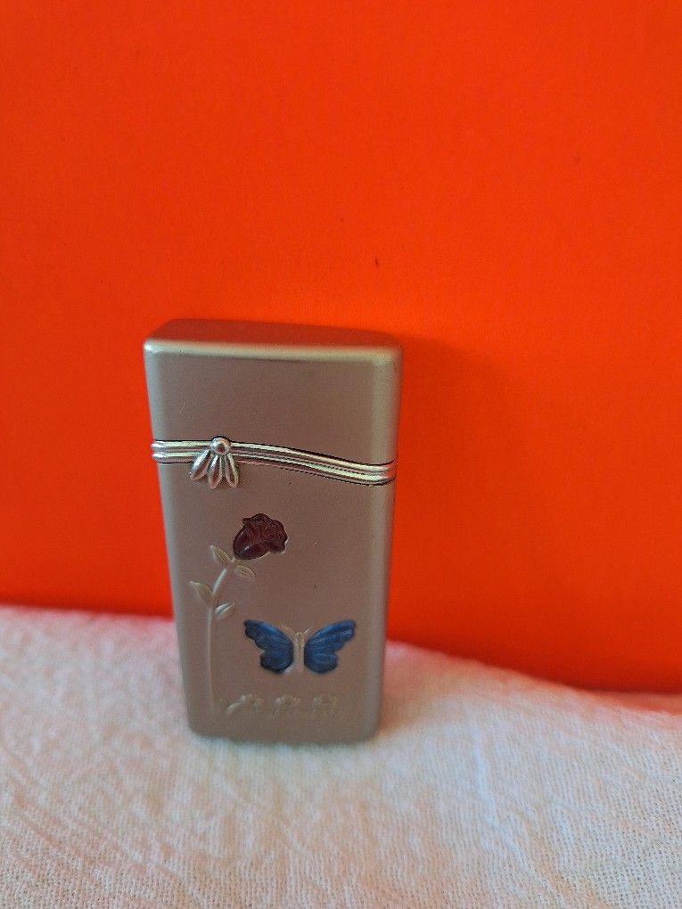 Novelty Silver Red Rose And Blue Butterfly Refillable Pocket Butane Lighter-$13.00