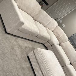 Brand New 7 Piece Corduroy Extra Large Sectional In White Ivory Pale Beige With Extra Large Chaise Deep Tall Cushions 