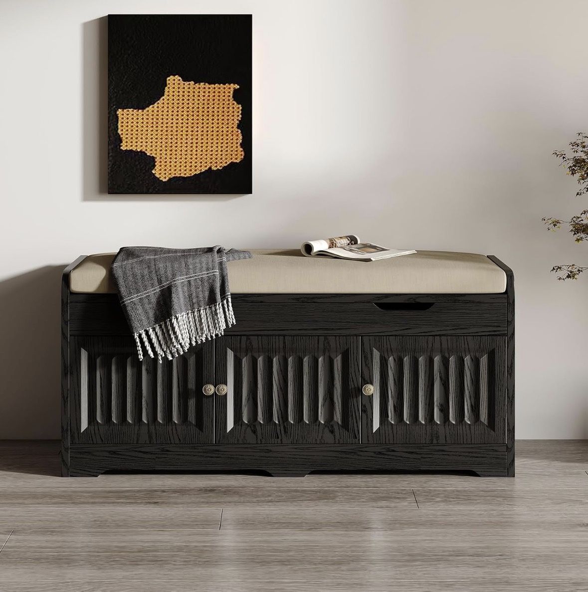 Shoe Bench,Entryway Storage Bench with Lift Top Cushion Seat & Hidden Space, Bedroom End of Bed Bench with 3-Sided Geometric Wavy Fluted for Hallway (