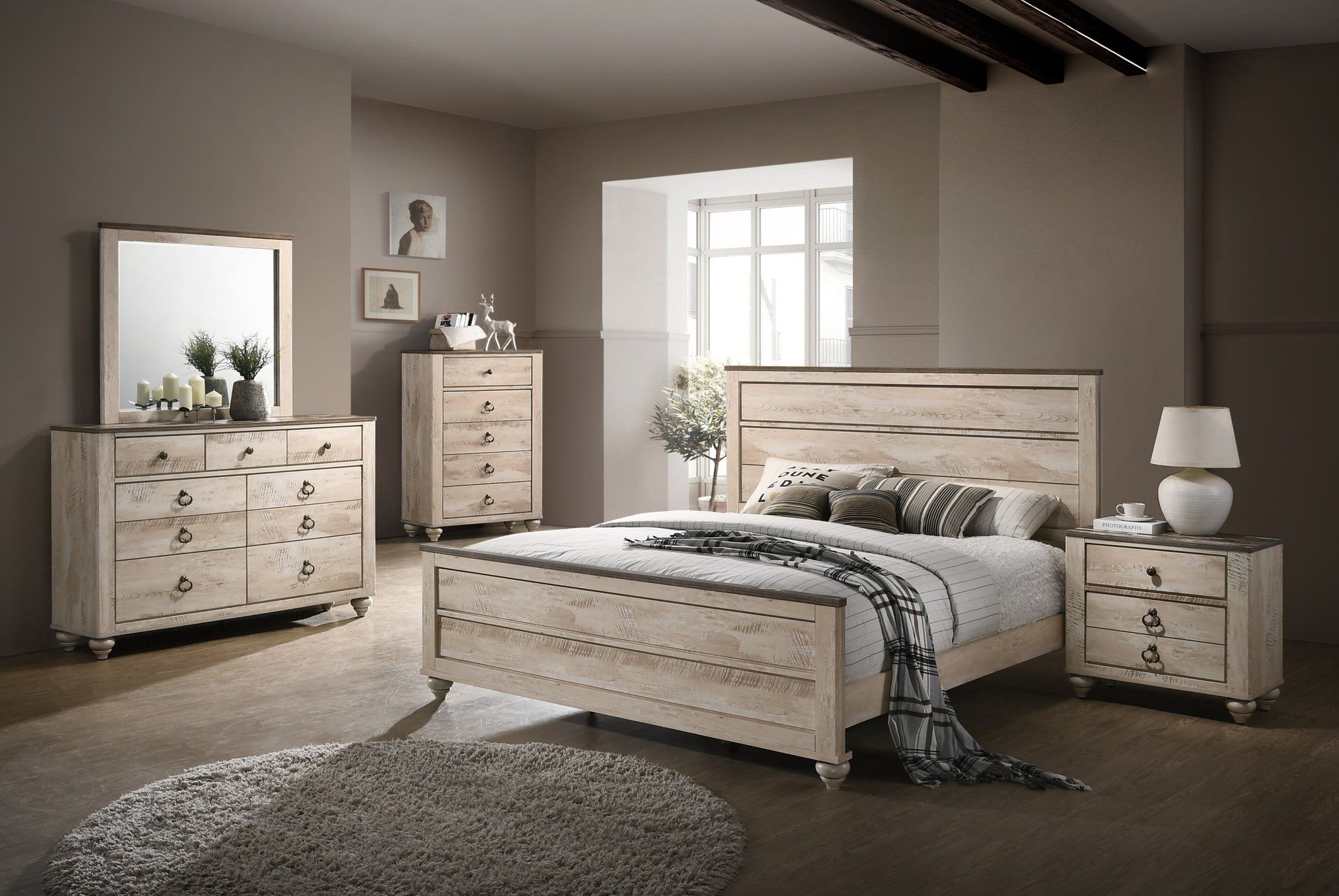 Roundhill Furniture Imerland Contemporary Bedroom Set. White Wash. Queen/King. 3-4-5-6 PCS Available
