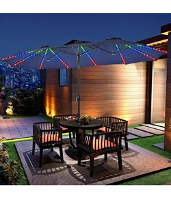 Navy Blue 13FT Double-Sided Patio Umbrella w/ LED Lights & Base - Lightly Used