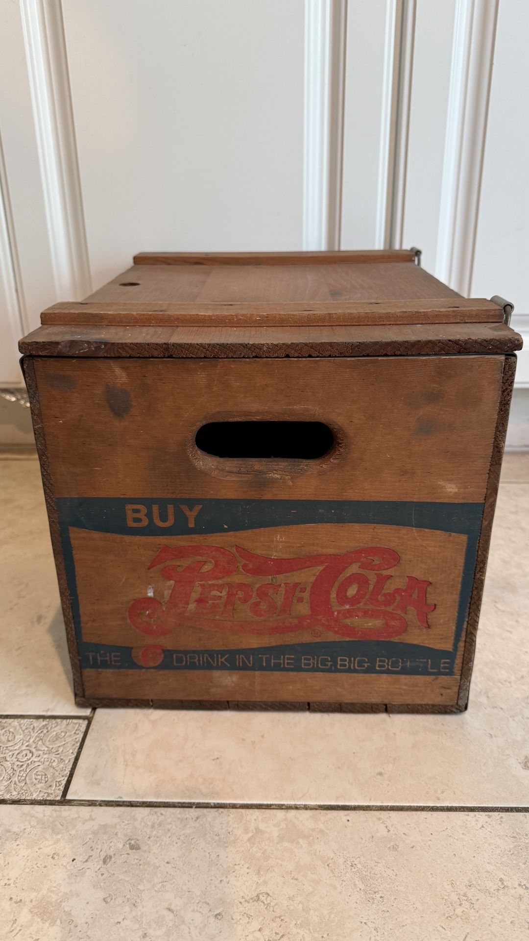 Vintage 1950s Double Dot Wooden Pepsi Cola Crate with Hinged Lid