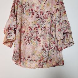 Women's Floral V-Neck Ruffle Sleeve Blouse Size XL