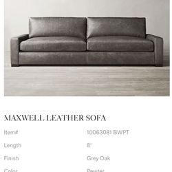 Restoration Hardware New Maxwell 8 Foot Grey Leather Sofa