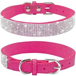 Rhinestone Dog Collar, Cute Dazzling Sparkling Soft Suede Leather Dog Cat Rhinestone Collar Crystal Diamond Pet Dog Puppy Collar(Hot Pink,L 38-46 cm)