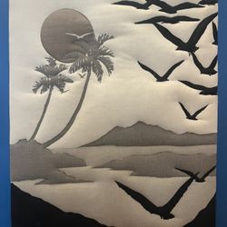 Vintage Mcm 20” X 15” Quilted Art Seascape 