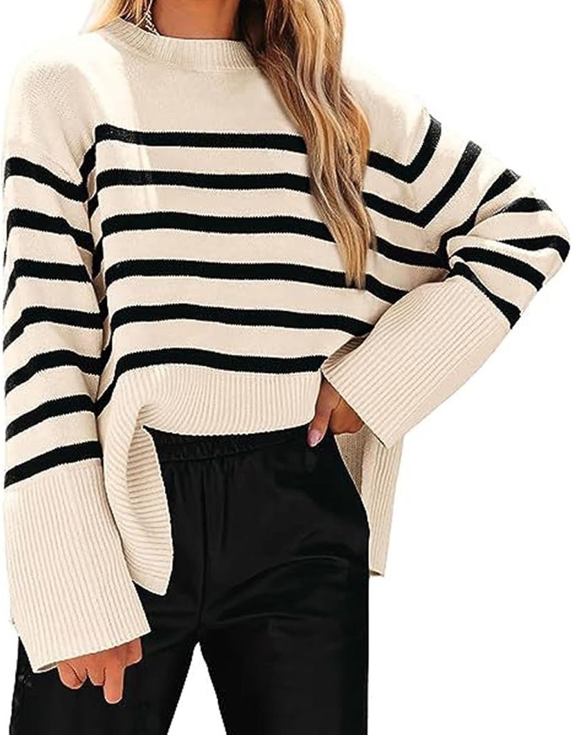 Women's Autumn Oversized Striped Knitted Sweaters Fashion Clothes Crew Neck Side Split Winter Pullover