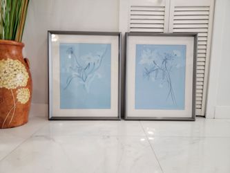 A pair of pencil and brush drawings, elegant silver frames, and fresh, minimalist botanical designs featuring decorative floral motifs. 23 1/2" x 19".