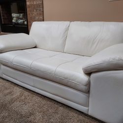 White GENUINE LEATHER Love Seat with OTTOMAN LIKE NEW 