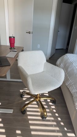 White Boucle Swivel Desk Chair Gold Base