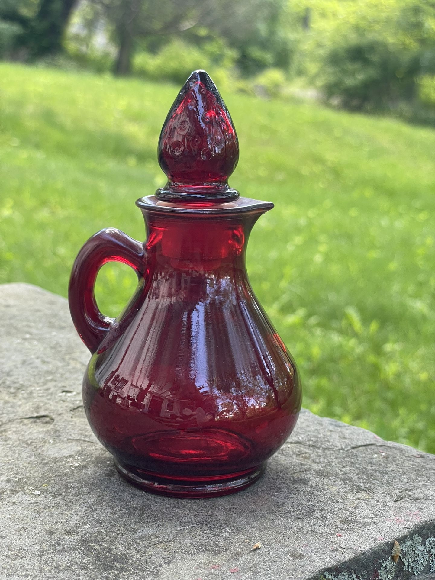Avon Vintage Ruby Red Pefume Bottle Glass Pitcher With Strawberry Stopper Lid 5.5"