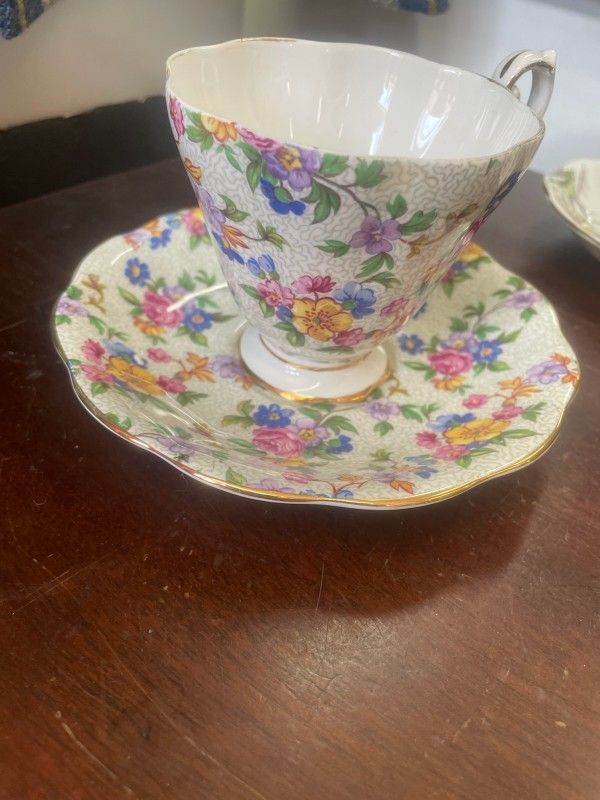 Antique Bone China Teacup And Saucer Set Floral Chintz