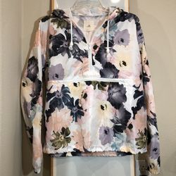 NWOT Thread & Supply Women's Floral Pullover Hoodie Jacket, White, Size S