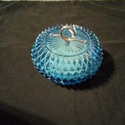 Vintage Indiana Glass Diamond Point Blue Glass Covered Dish 