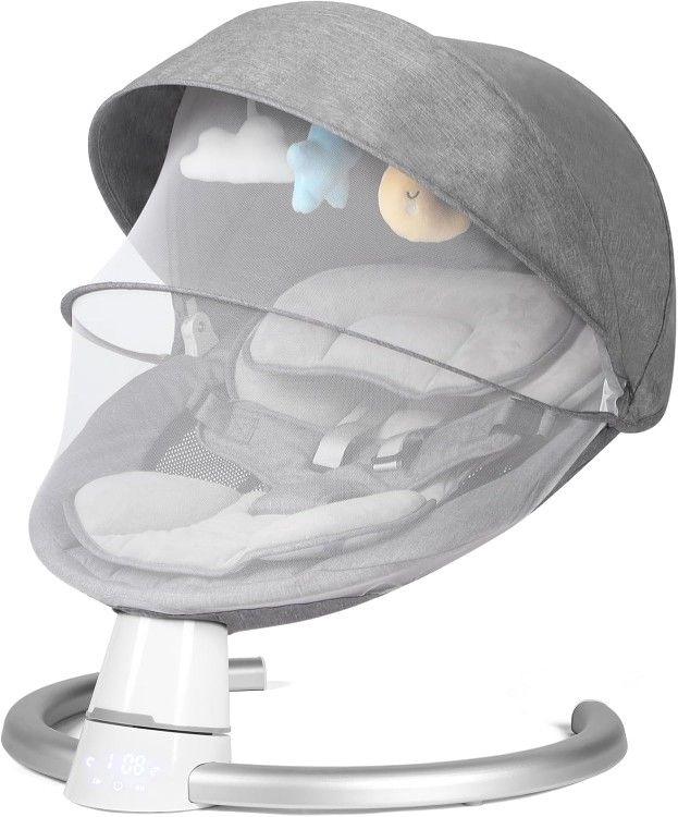 Baby Swing for Infants, Baby Rocker with 5 Speed & 10 Preset Lullabies, Bluetooth Support, 5 Point Harness with Remote Control and 3 Hanging Toys, Gra