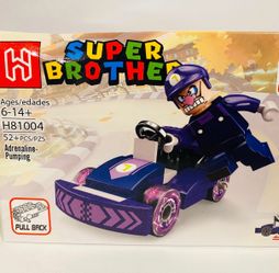 Super Mario Kart Franchise Waluigi Pull Back Purple Car Building Block Kit