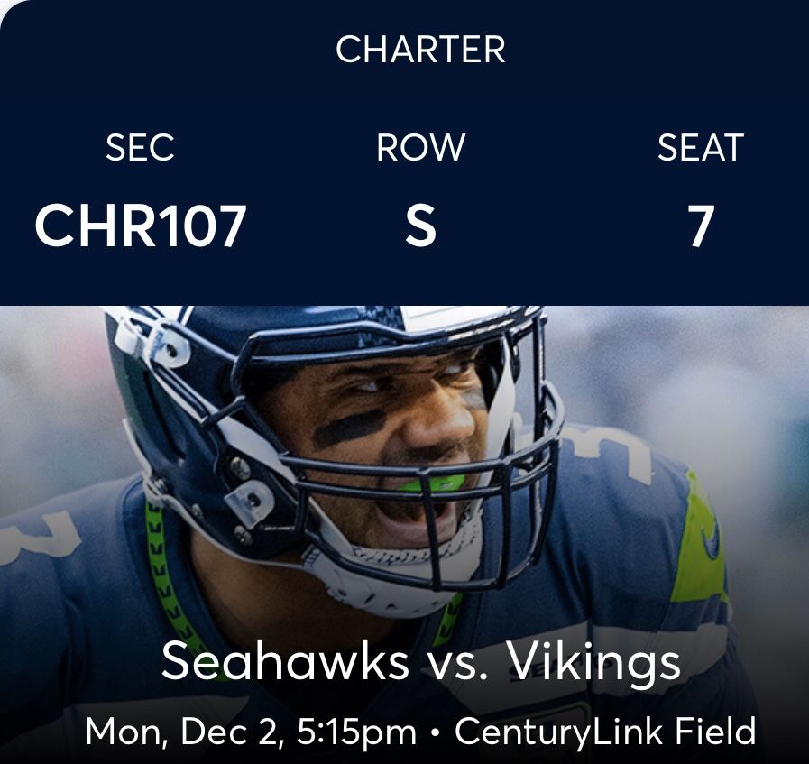 Seahawks vs Vikings Monday Night Football 2 Tickets $650.00