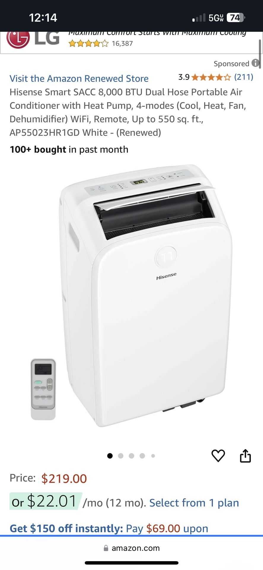 Year-Round Comfort — Heat & Cool in One Unit! Hisense 550 Sq. Ft. Portable Air Conditioner with Heat Pump Model# AP55023HRIGD – Factory Refurbished