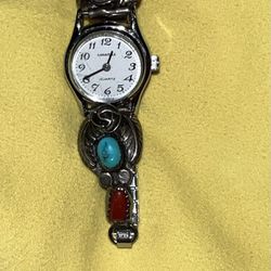 Vintage Bulova Tribal Navajo Turquoise & Coral🪸 Twisted Silver P3 Swiss Movement Watch, Handcrafted