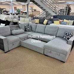 Spacious Sectional Sofa Sleeper With Storage Grey Or Beige Boucle Fabric 